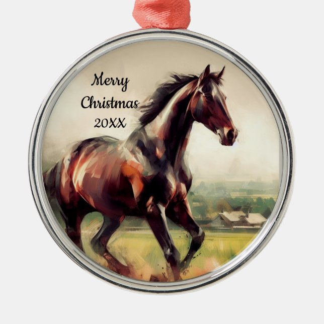 Dated Christmas Running Brown Horse Metal Tree Decoration (Front)
