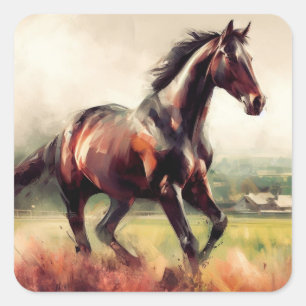 Dated Christmas Running Brown Horse Square Sticker