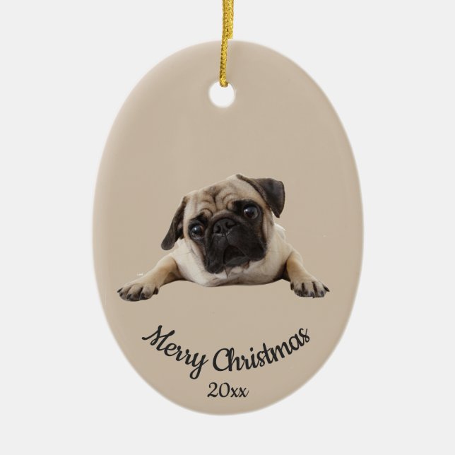 Dated Custom Photo Christmas Pug Dog Pet Ceramic Tree Decoration (Front)