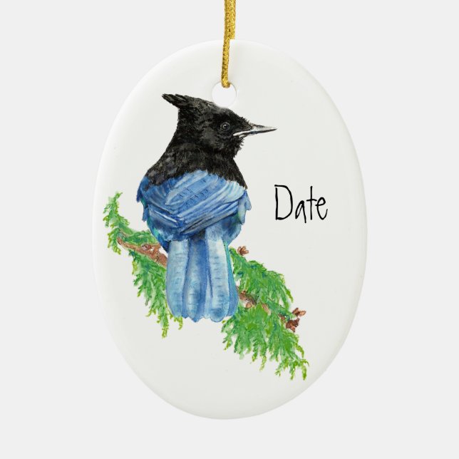 Dated, Custom,Stellar Jay, Bird, Nature Ceramic Tree Decoration (Front)