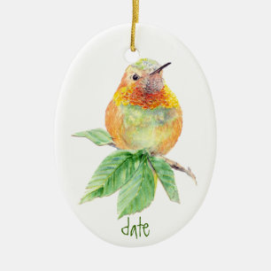 Dated Custom Watercolor Rufous Hummingbird, Bird Ceramic Tree Decoration
