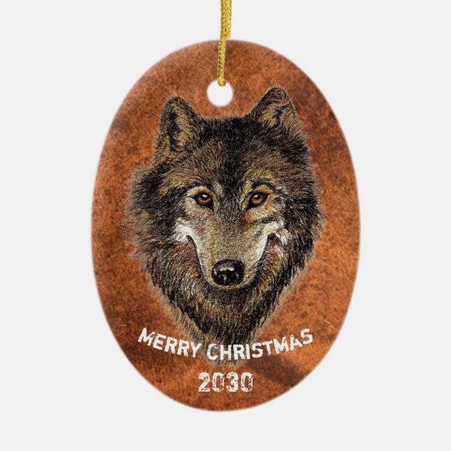 Dated Custom, Wolf, Wolves Animal Nature Art Ceramic Tree Decoration (Front)