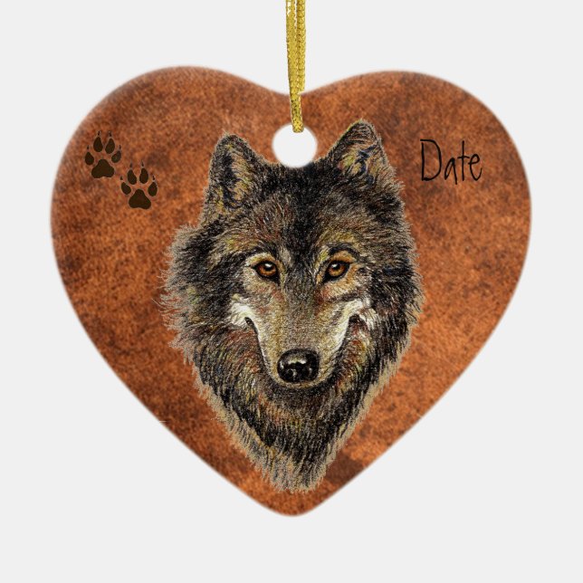 Dated Custom, Wolf, Wolves & Tracks Animal Ceramic Tree Decoration (Front)