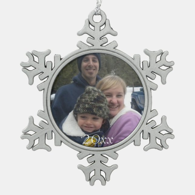 Dated Family Christmas Photo Photograph Picture Snowflake Pewter Christmas Ornament (Front)