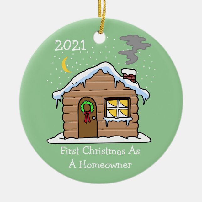 Dated First Christmas As A Homeowner 2021 (Cabin) Ceramic Tree Decoration (Front)