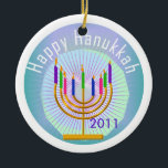 Dated Happy Hanukkah Keepsake Ornament<br><div class="desc">Beautiful Hanukkah ornament with nine candle menorah reads "Happy Hanukkah"! You can easily add the current year to this keepsake Happy Hanukkah keepsake!</div>