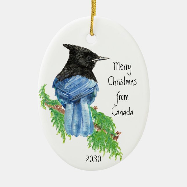 Dated Merry Christmas from Canada Stellar Jay Bird Ceramic Tree Decoration (Front)