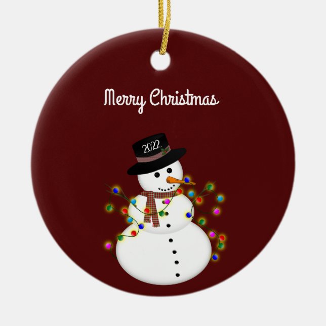 Dated Merry Christmas Snowman Personalised Ceramic Tree Decoration (Front)