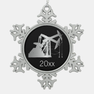 Dated Silver Gadient Oilfield Pumping Units Snowflake Pewter Christmas Ornament