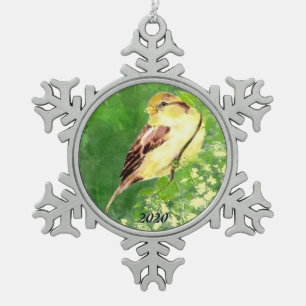Dated Watercolor Song Sparrow Bird Nature Art Snowflake Pewter Christmas Ornament