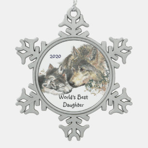 Dated World's Best Daughter  Wolf  Cubs Art Snowflake Pewter Christmas Ornament