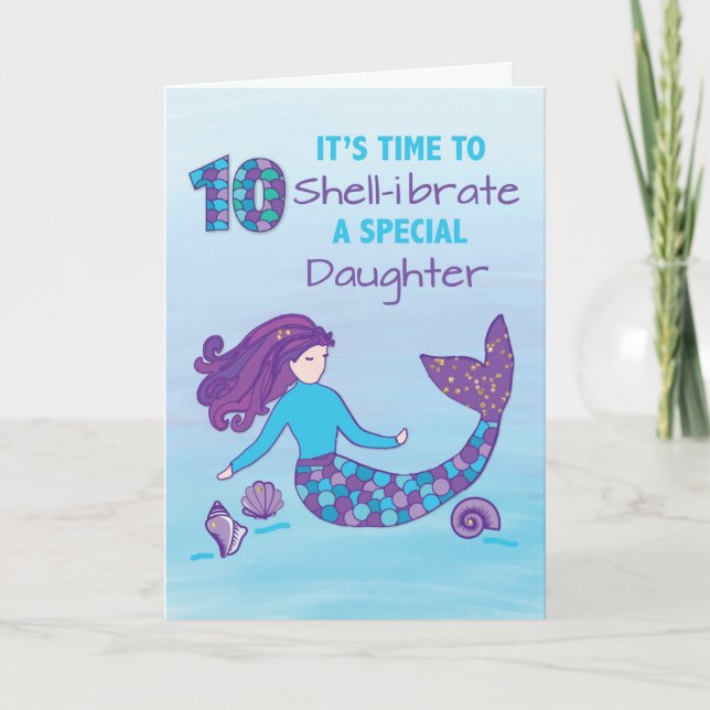 Daughter 10th Birthday Sparkly Look Mermaid Card (Front)