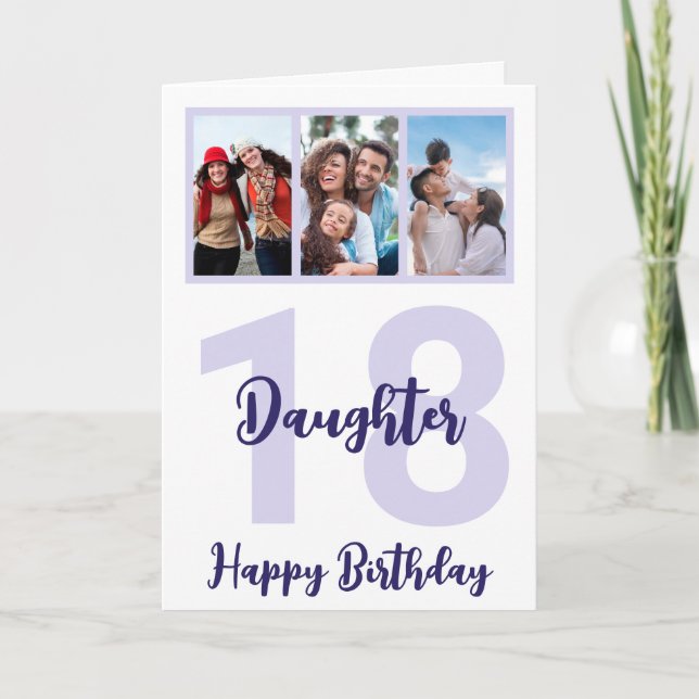 Daughter 18th Birthday Purple Script Photo Collage Card (Front)