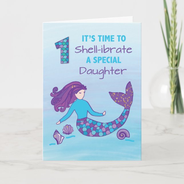 Daughter 1st Birthday Sparkly Look Mermaid Card (Front)