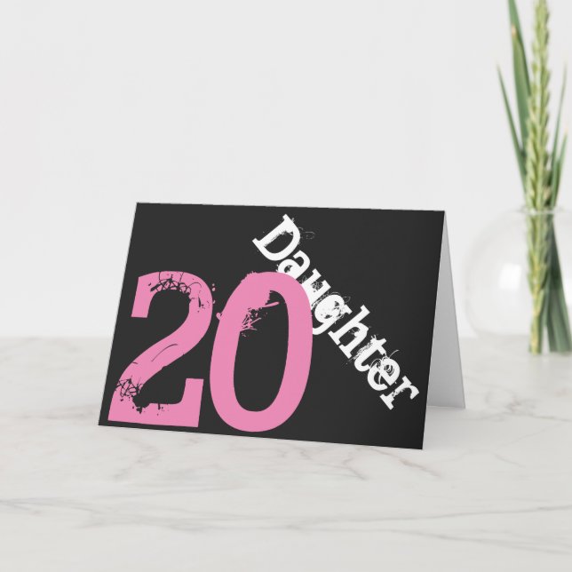 Daughter, 20th birthday, white, pink on black. card (Front)