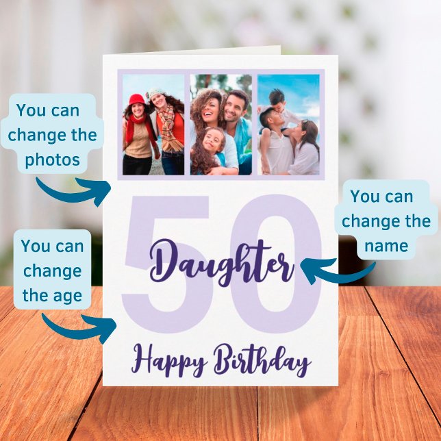 Daughter 50th Birthday Purple Script Photo Collage Card (Creator Uploaded)