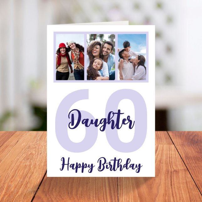 Daughter 60th Birthday Purple Script Photo Collage Card (Creator Uploaded)