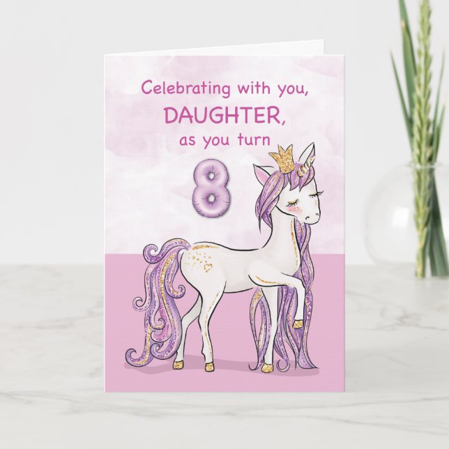 Daughter 8th Birthday Pink Horse With Crown Card (Front)