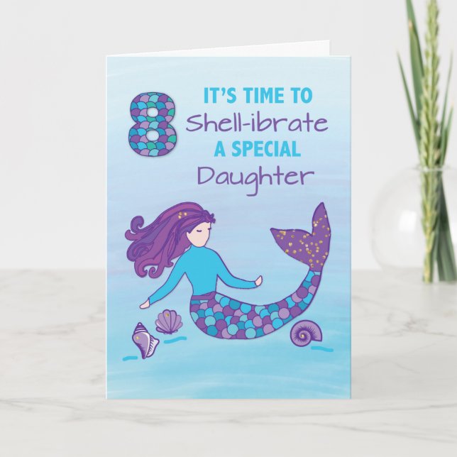 Daughter 8th Birthday Sparkly Look Mermaid Card (Front)