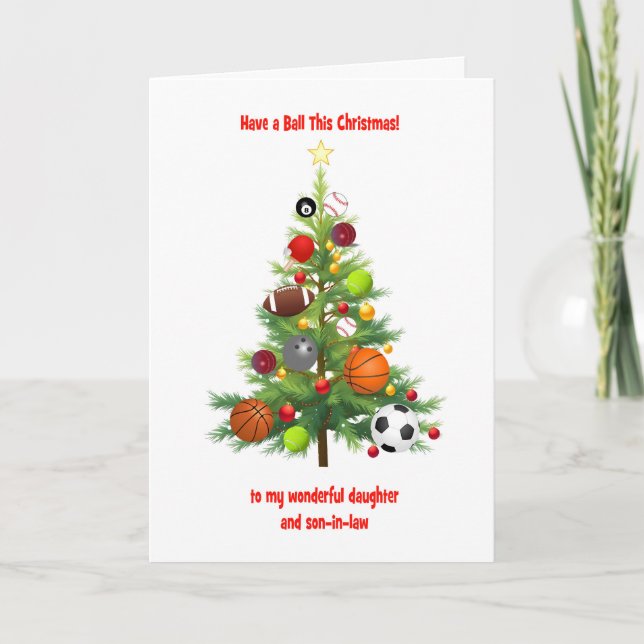 Daughter and Son inLaw Christmas Tree Sports Balls Holiday Card (Front)