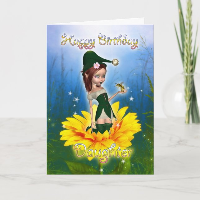 Daughter, Birthday Card - Fantasy Cute Elf On Sunf (Front)