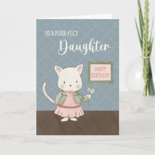 Daughter Birthday Kitty in a Dress Holding Flower  Card