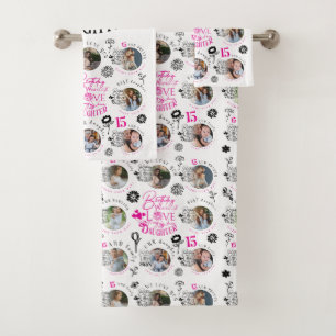 Daughter Birthday Photo Collage Typography  Bath Towel Set