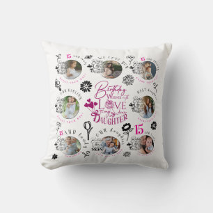 Daughter Birthday Photo Collage Typography Cushion