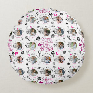Daughter Birthday Photo Collage Typography Round Cushion