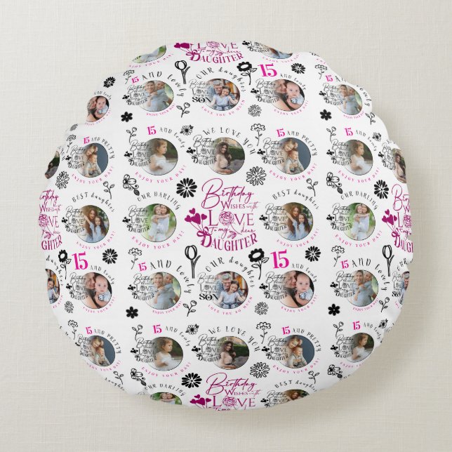 Daughter Birthday Photo Collage Typography  Round Cushion (Front)