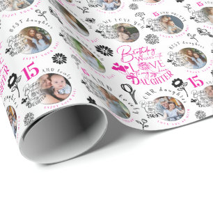 Daughter Birthday Photo Collage Typography  Wrapping Paper