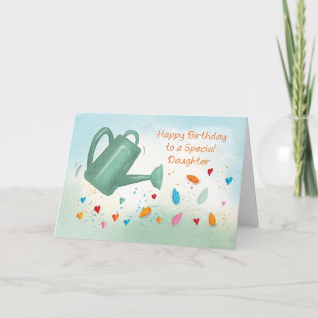 Daughter Birthday Watering Can Sprinkling Hearts Card (Front)