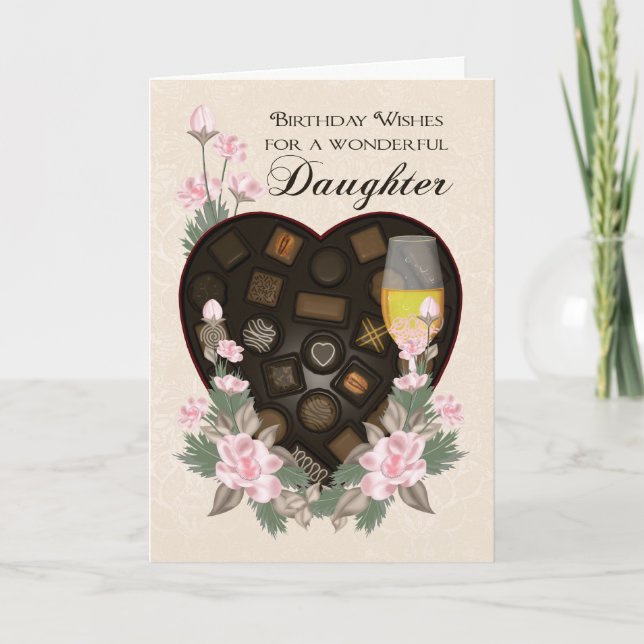 Daughter Chocolates Wine And Flower Birthday Greet Card (Front)