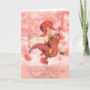 Daughter Cute Birthday card, pink dragon and fairy Card