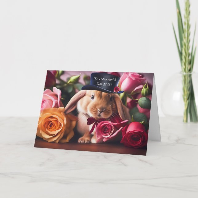 Daughter Cute Bunny and Roses Custom Valentine's Card (Front)