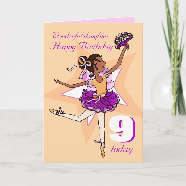 Daughter dark hair ballerina birthday peach purple card (Front)