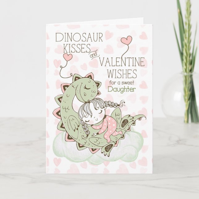 Daughter Dinosaur Kisses Stegosaurus Valentine Holiday Card (Front)