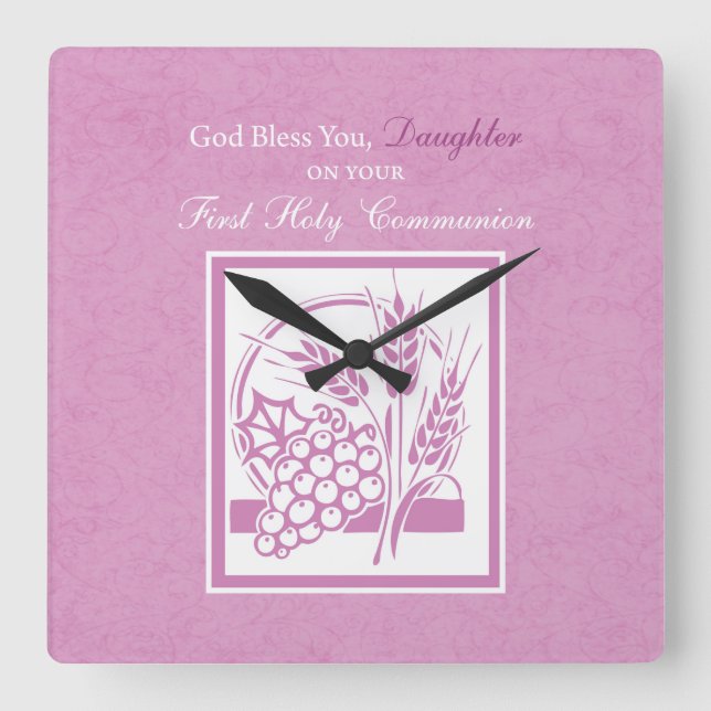 Daughter First Communion, Pink Square Wall Clock (Front)