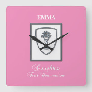 Daughter, First Communion Silver Chalice Square Wall Clock
