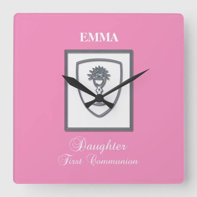 Daughter, First Communion Silver Chalice Square Wall Clock (Front)
