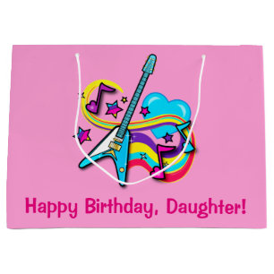 Daughter Guitar, Rainbow, Hearts Happy Birthday Large Gift Bag