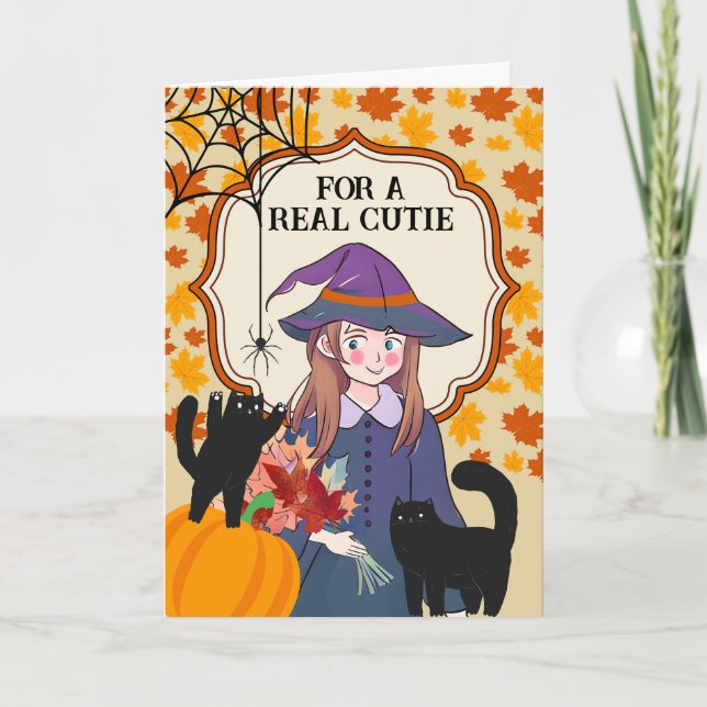Daughter Halloween Cute Witch and Cats Card (Front)