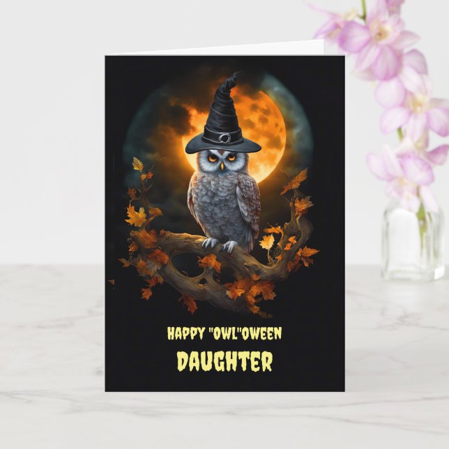 Daughter Happy Halloween with Owl in Fall Foliage  Card (Orchid)