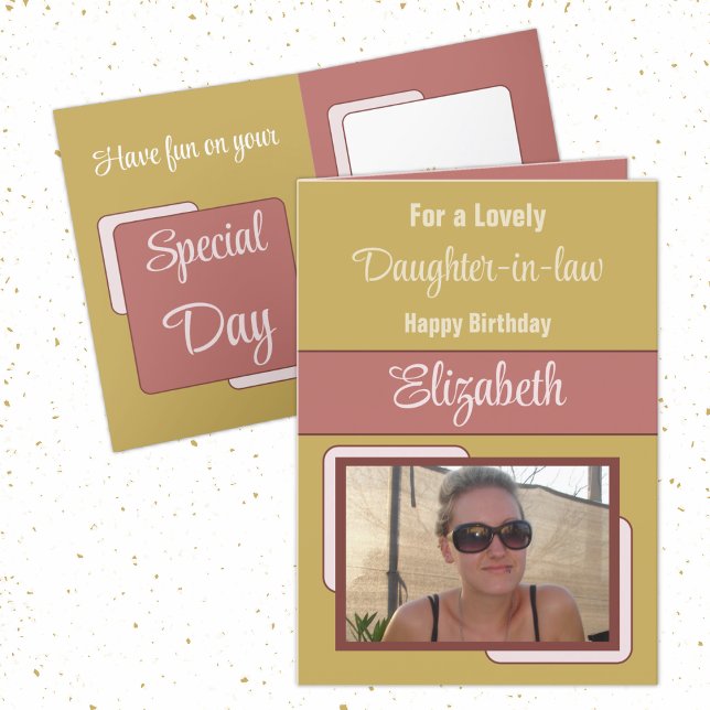 Daughter-in-law add name photo gold pink birthday card (Creator Uploaded)