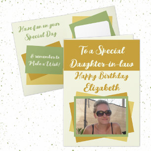 Daughter-in-law photo name gold green birthday card