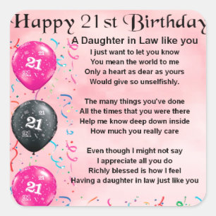 Daughter in Law Poem - 21st Birthday Square Sticker