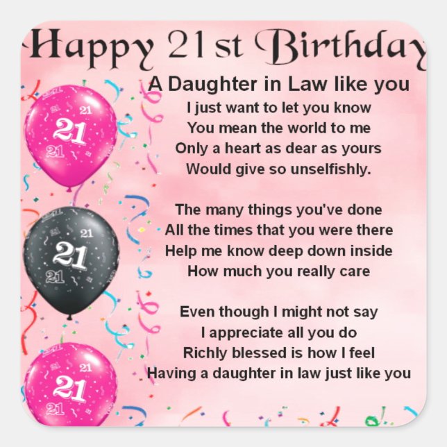 Daughter in Law Poem - 21st Birthday Square Sticker (Front)
