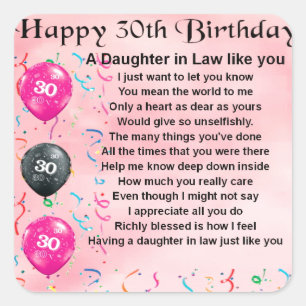 Daughter in Law Poem - 30th Birthday Square Sticker