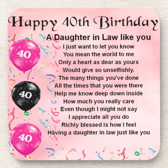 Daughter in Law Poem  -  40th Birthday Coaster (Front)