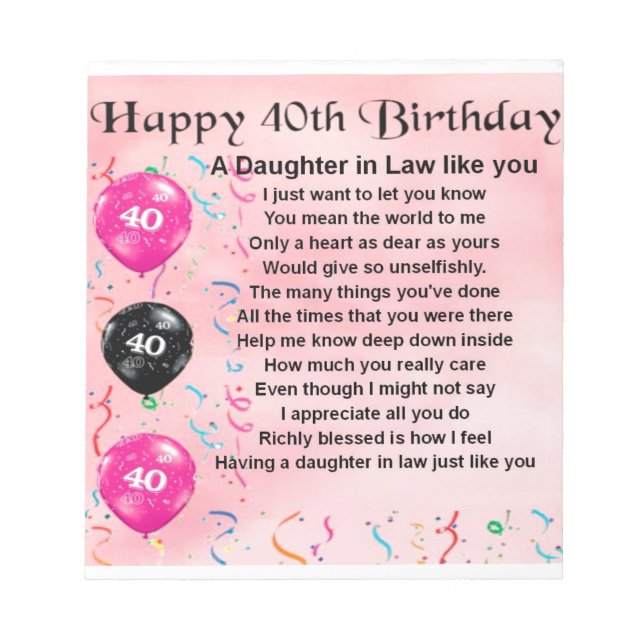 Daughter in Law Poem  -  40th Birthday Notepad (Front)